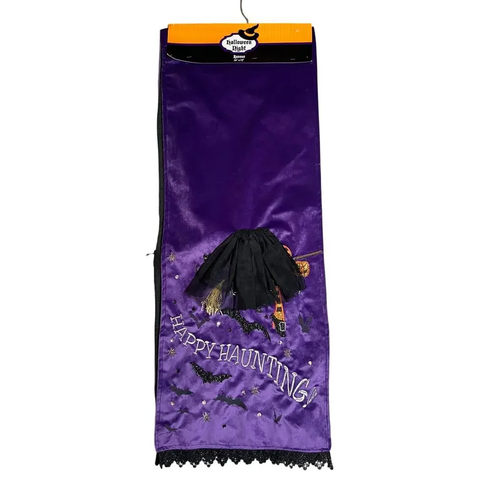 Halloween whimsy purple velvet witch on broom table runner home decor new 14x72